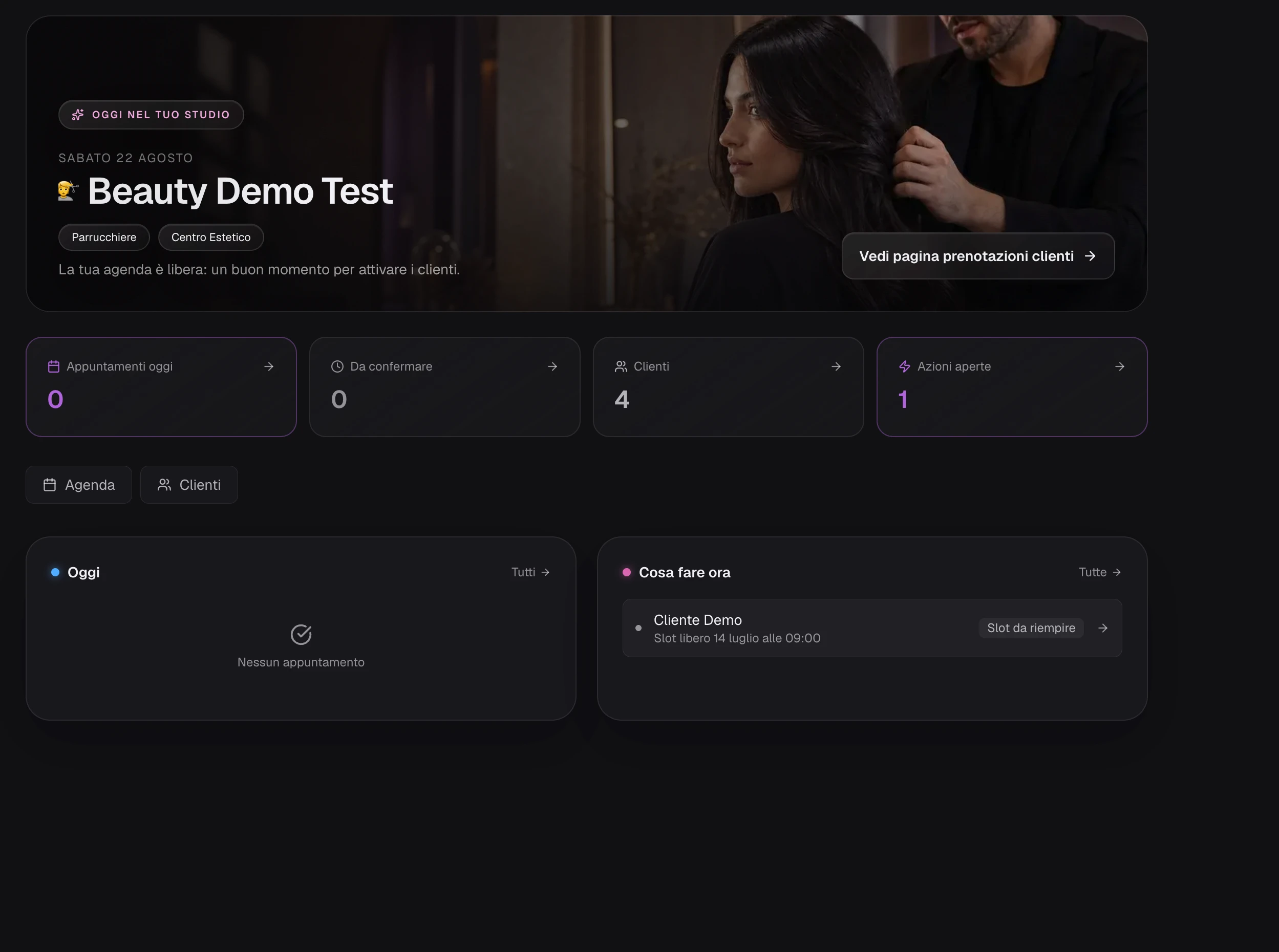 Dashboard giornaliera di Beauty Pass con appuntamenti, clienti e azioni aperte