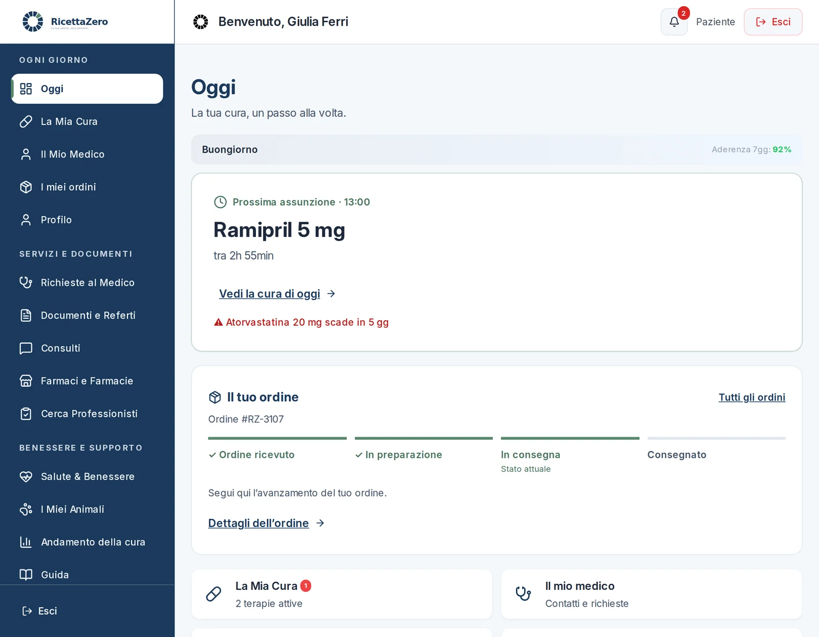 Dashboard paziente dell'app RicettaZero con terapie, rinnovi e consegne