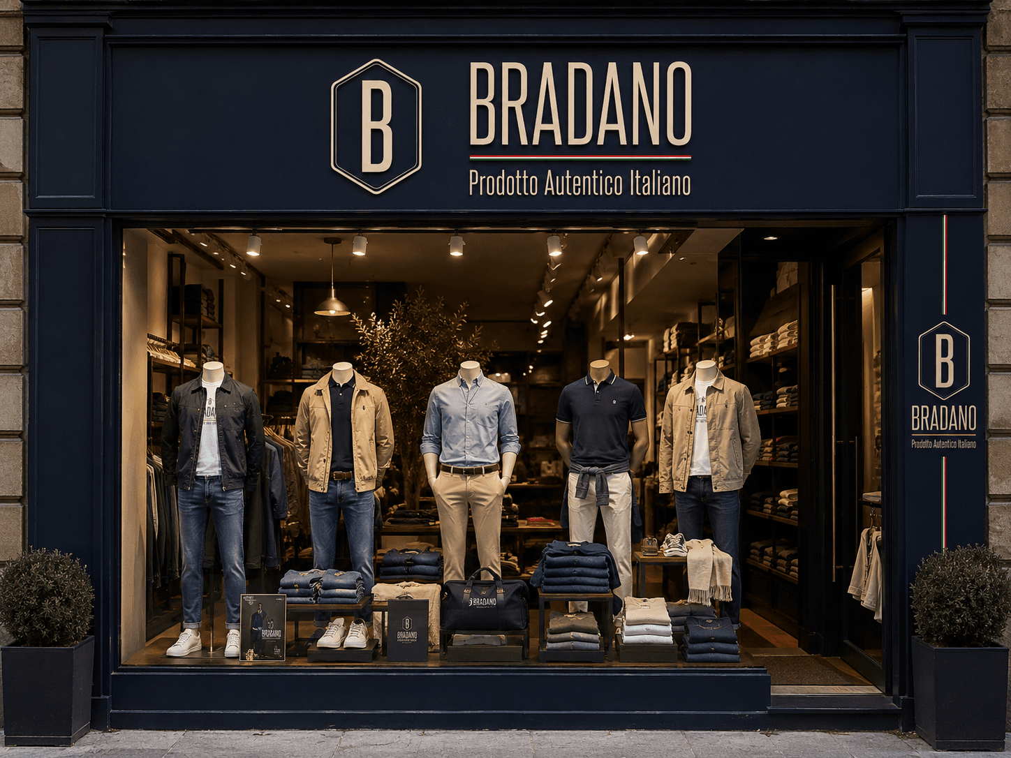 Vetrina Bradano con insegna e identità visiva