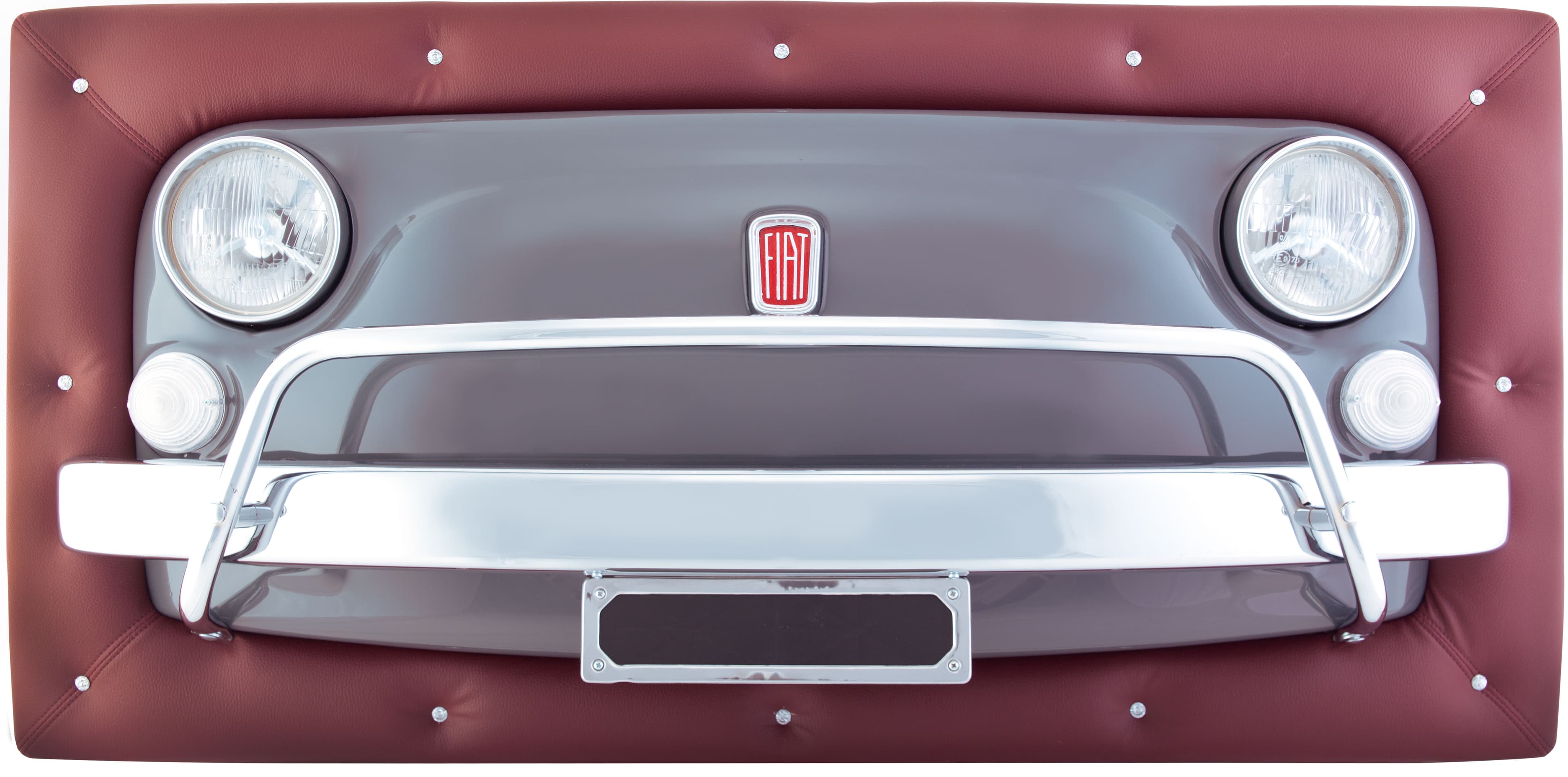 Pannello da parete ricavato dal frontale di una Fiat 500, versione in pelle bordeaux