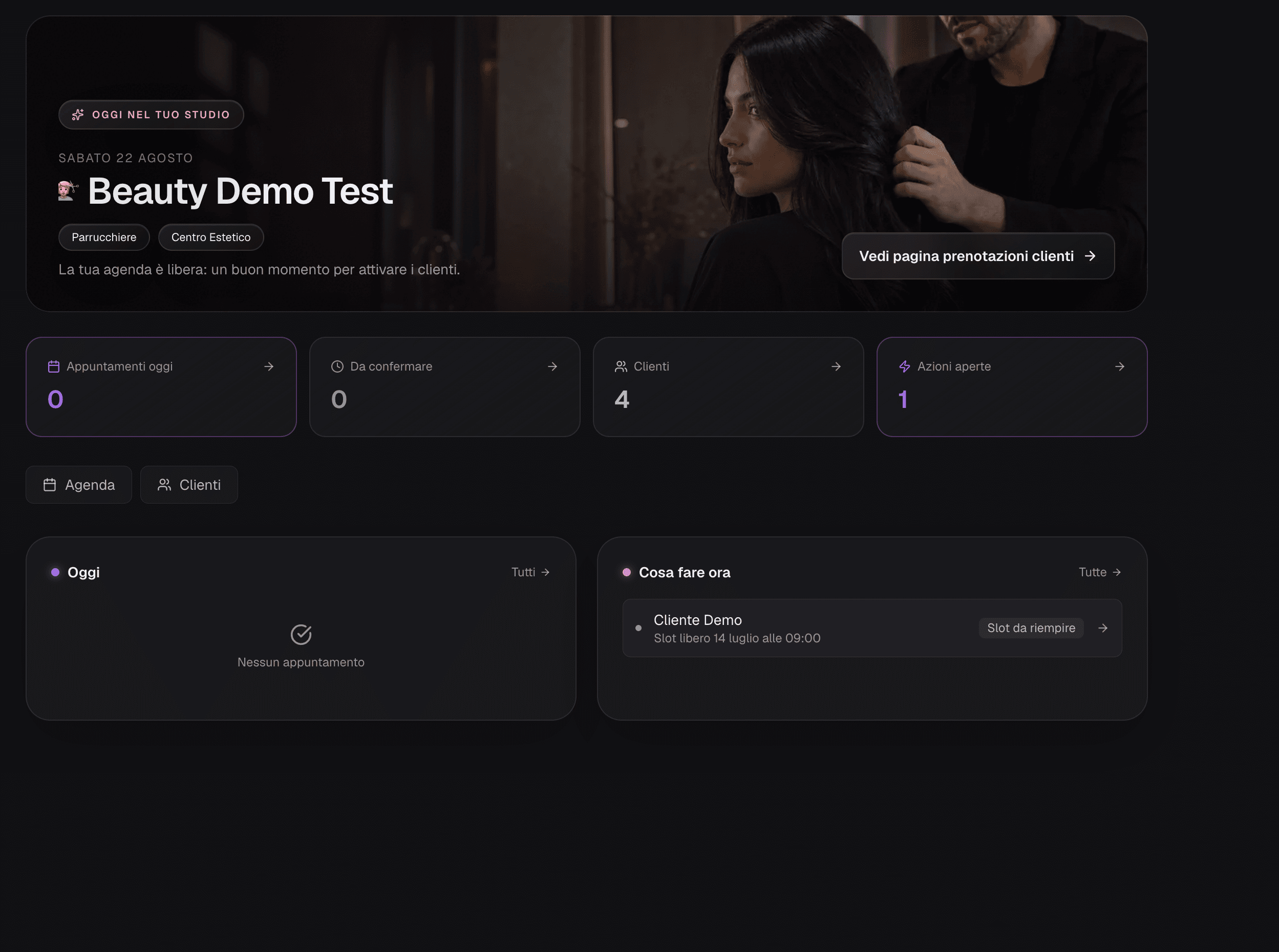 Dashboard giornaliera di Beauty Pass con appuntamenti, clienti e azioni aperte