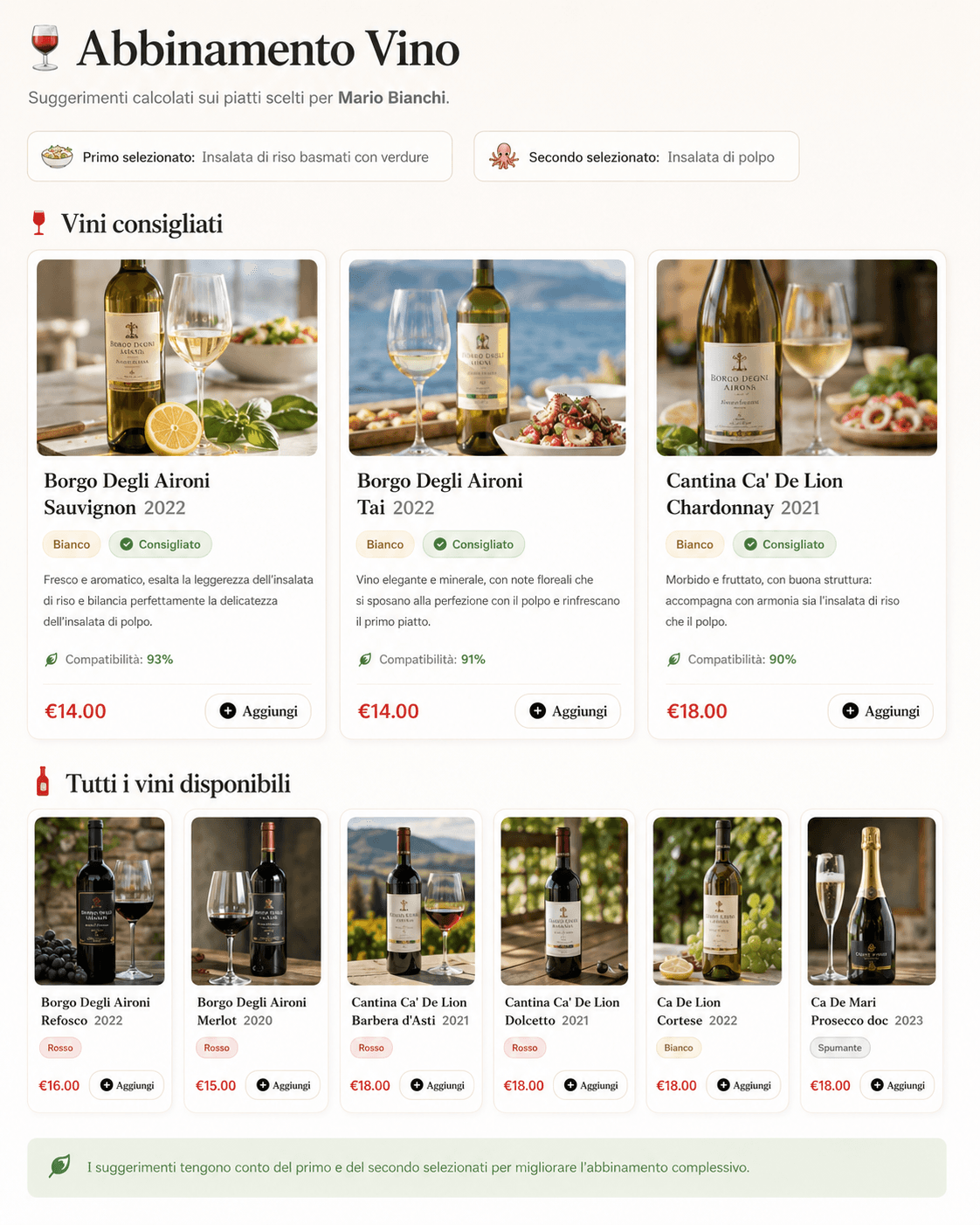 Suggerimenti di abbinamento vino calcolati sui piatti scelti in MealDesk