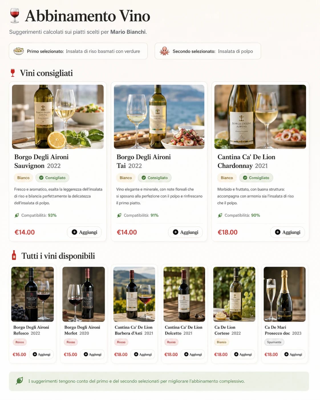 Suggerimenti di abbinamento vino calcolati sui piatti scelti in MealDesk