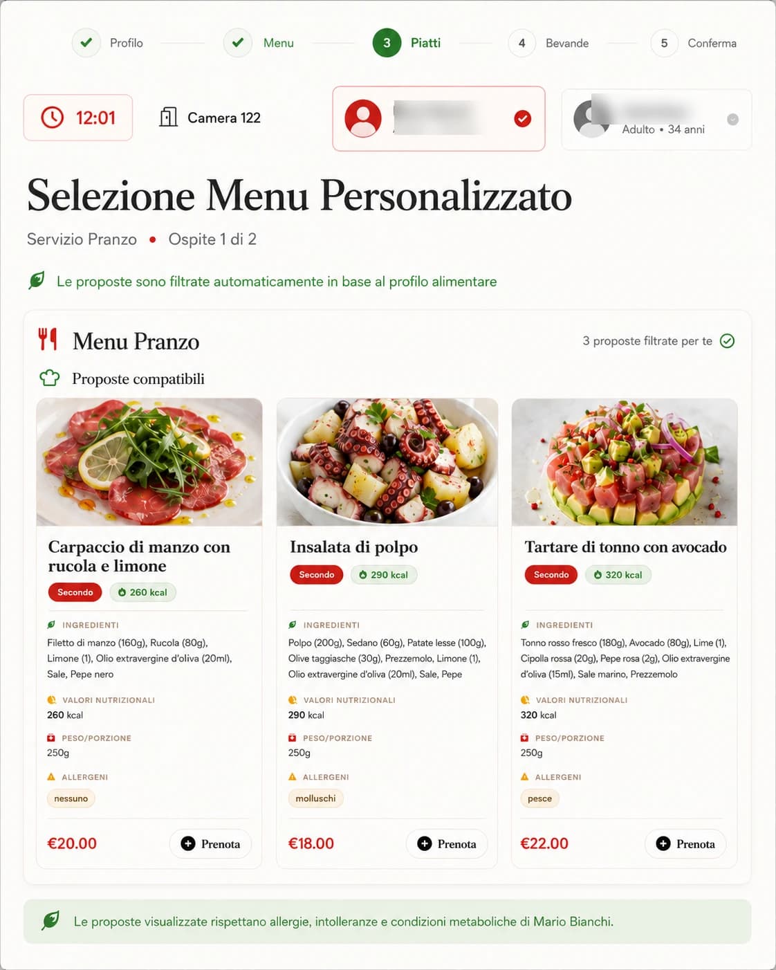 Menu filtrato automaticamente sul profilo alimentare del primo ospite in una camera con due ospiti