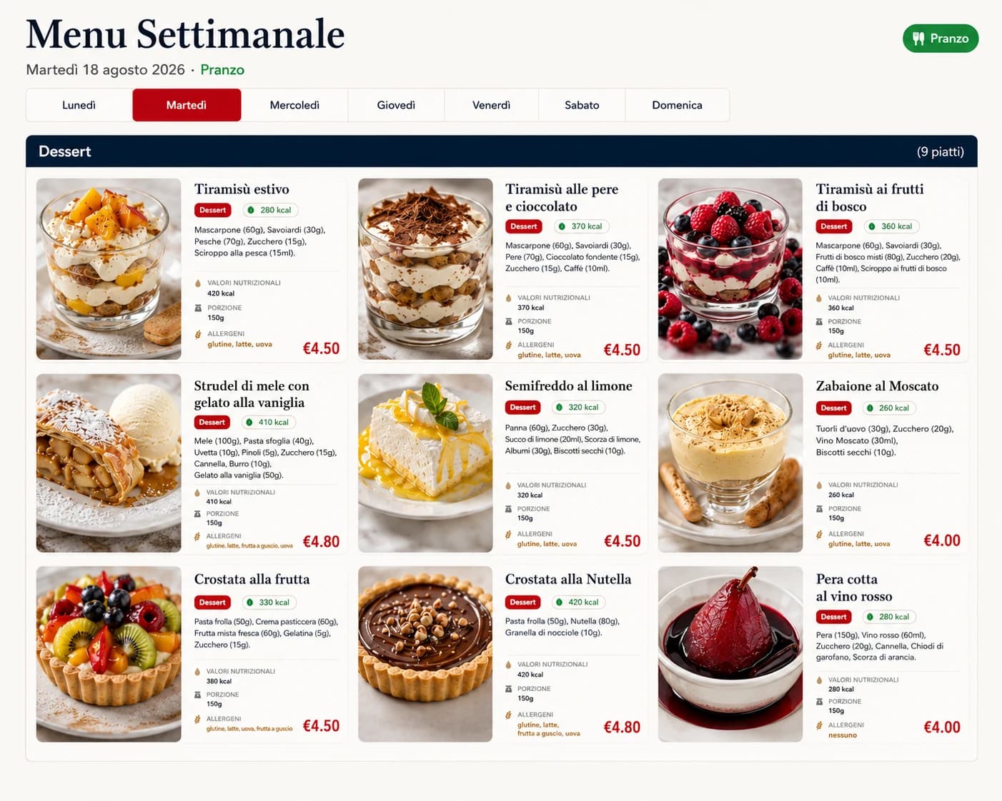 Menu settimanale organizzato per servizio in MealDesk