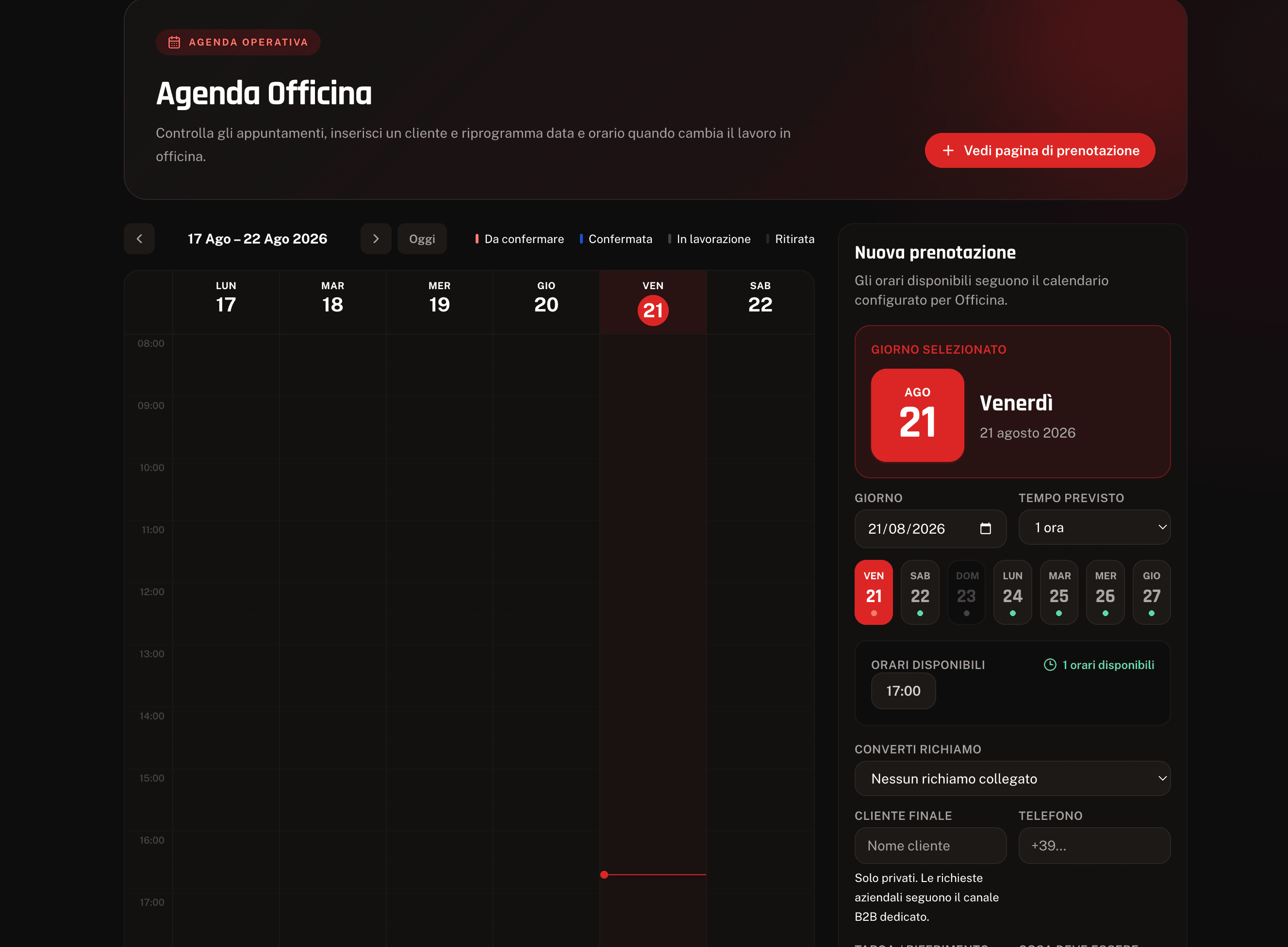Agenda operativa dell'officina in PitStop
