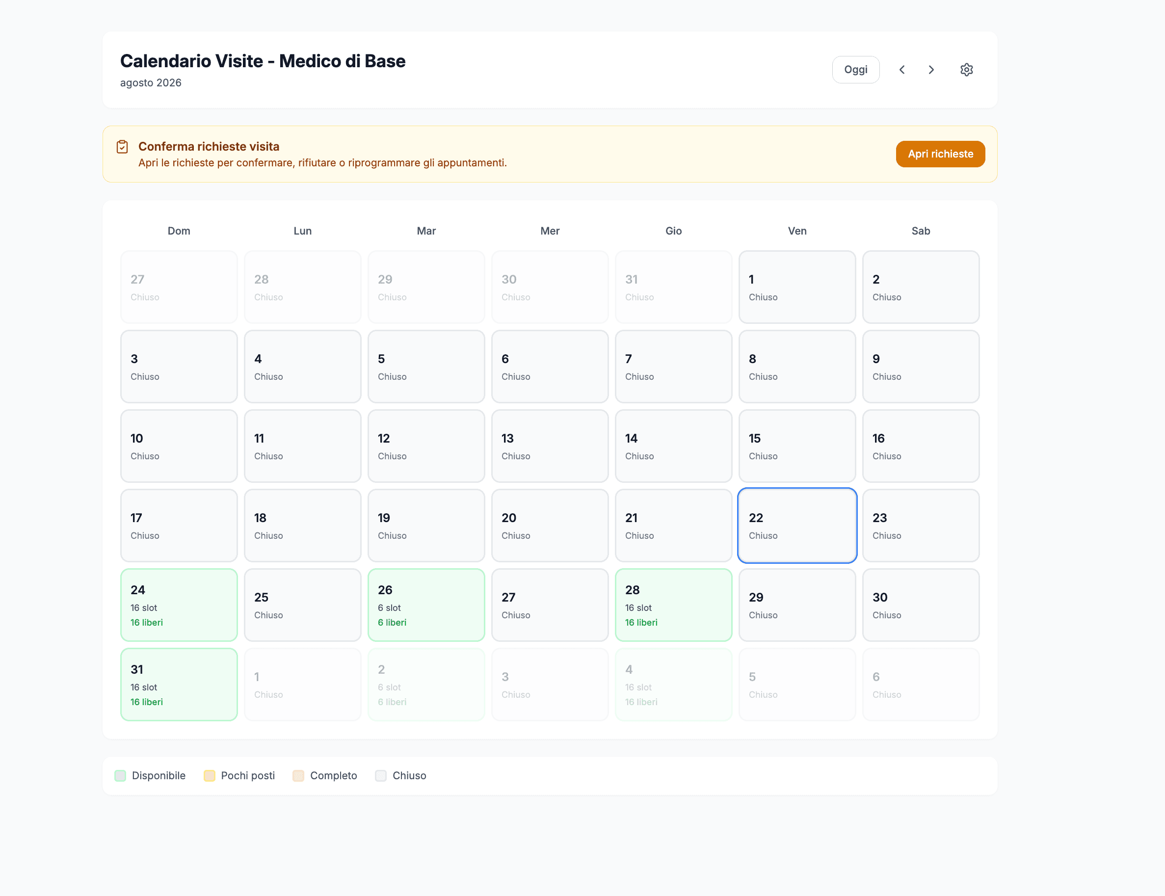 Calendario delle visite del medico di base in RicettaZero con disponibilità reale