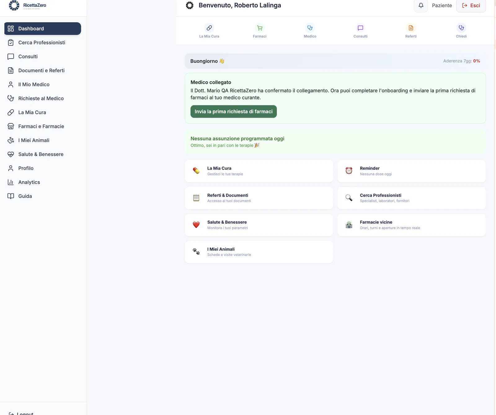 Dashboard del paziente in RicettaZero con il medico curante collegato e la prima richiesta di farmaci